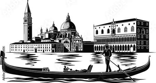 Traditional Venetian gondola with gondolier rowing on canal, featuring iconic Venice architecture, domed churches, bell tower, and Doge’s Palace in detailed black‑and‑white illustration.