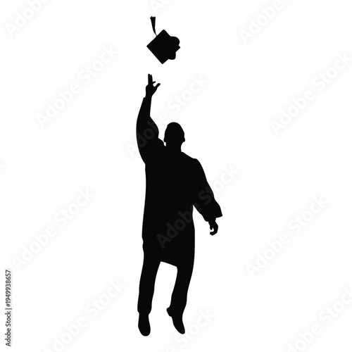 University graduate silhouette jumping for joy with academic mortar