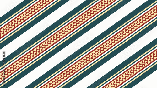 A vibrant diagonal striped pattern with intricate designs on a white background, perfect for textile or wallpaper use.