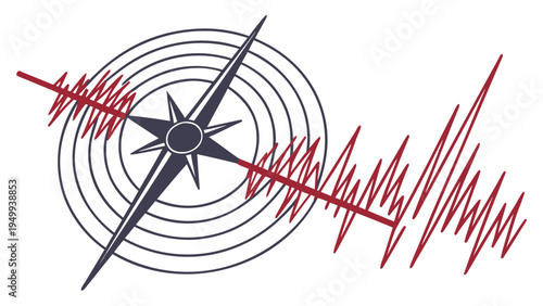 A vector graphic illustration of a compass with a red seismic wave line