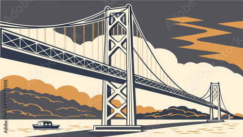 A vector graphic illustration of a suspension bridge over water with a boat sailing underneath.