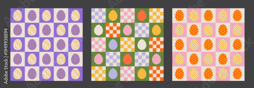 Trendy checkerboard seamless pattern set with Easter eggs.