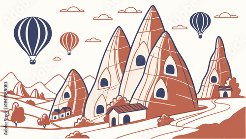 A whimsical vector illustration of a fairy tale village with hot air balloons flying overhead