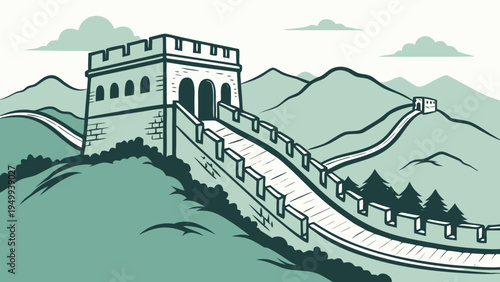 A vector graphic illustration of the Great Wall of China winding through mountains