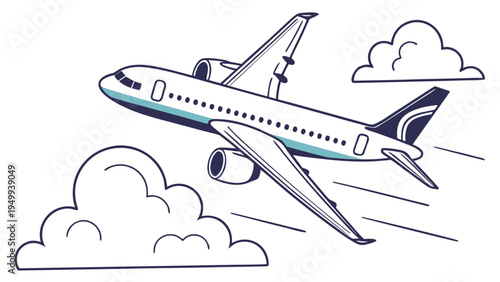 A vector graphic illustration of an airplane flying through clouds