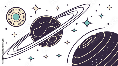 A minimalist vector illustration of planets and stars in a stylized galaxy design