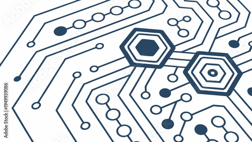 A vector graphic illustration of a circuit board design with hexagons and lines on a white background