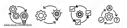 Gear Process Icons Set – Business Workflow, Strategy, Automation, Optimization, System Management Line Icons