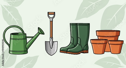 Gardening tools and supplies green watering can shovel boots and terracotta pots on leafy background