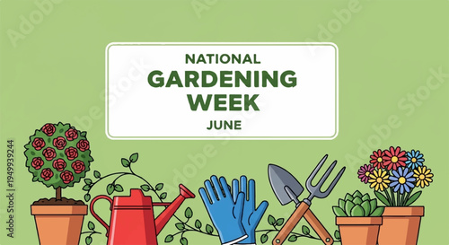 National gardening week illustration with potted plants gardening tools and green background