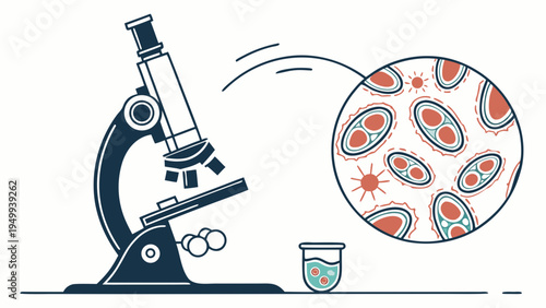 A vector graphic illustration of a microscope with a petri dish and a magnified view of cells.