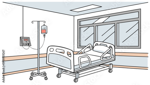 A minimalist vector illustration of a hospital bed with an IV drip in a clean, modern room