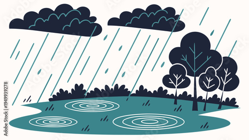 A minimalist vector illustration of a rainy landscape with puddles and trees