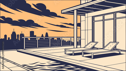 A modern rooftop pool with lounge chairs overlooking a city skyline at sunset