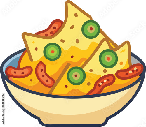 Bowl of nachos with cheese, olives, and chili peppers