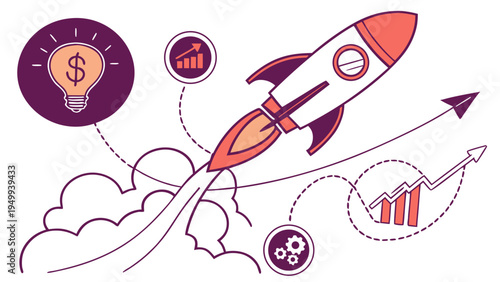A vector graphic illustration of a rocket ship launching upwards with a lightbulb and graphs surrounding it, symbolizing business growth and innovation.