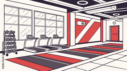 A modern gym interior with treadmills and exercise equipment in a sleek, minimalist design