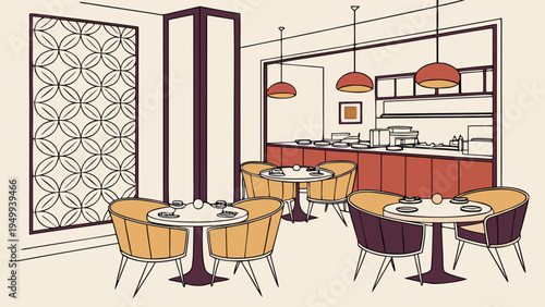 A modern restaurant interior with tables and chairs in a minimalist design style