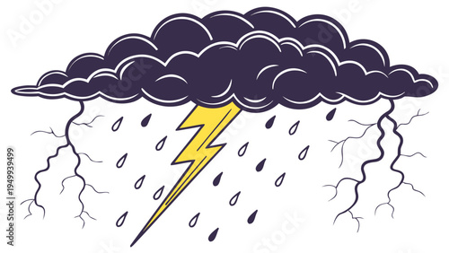 A vector graphic illustration of a stormy weather icon with a lightning bolt and rain