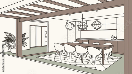 A modern dining room with a minimalist design and a large table surrounded by white chairs