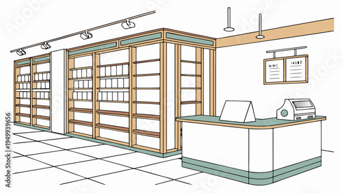 A minimalist vector illustration of a modern retail store interior with empty shelves and a checkout counter