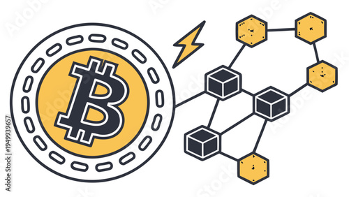A vector graphic illustration of a Bitcoin symbol connected to a blockchain network
