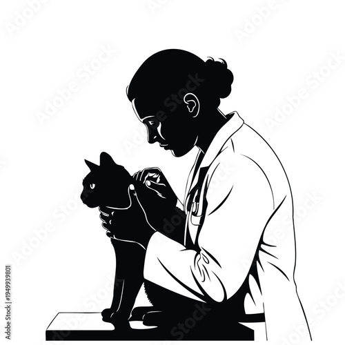 Veterinarian examining cat black silhouette on white background illustration