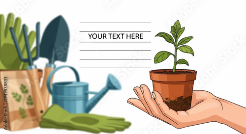 Hand holding potted green plant with gardening tools and bag on white background for planting and growth concepts
