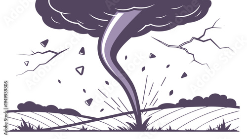 A vector graphic illustration of a tornado touching down in a rural area with debris flying around it.
