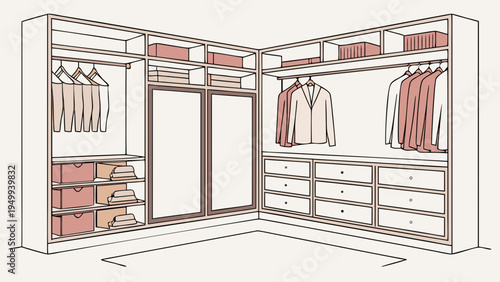 A modern walk-in closet with organized shelving and drawers