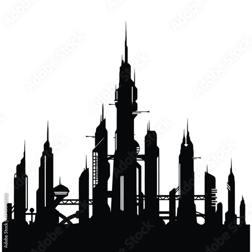 Futuristic cityscape silhouette with tall skyscrapers and advanced architecture, science fiction