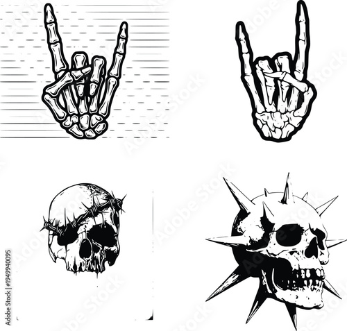 rock on hand signs and skulls with spikes
