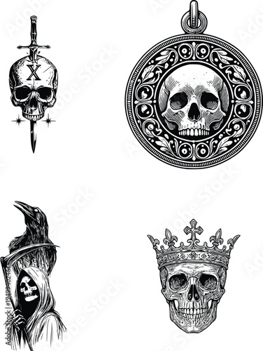 skull designs, skulls with crown, sword and skull, witch