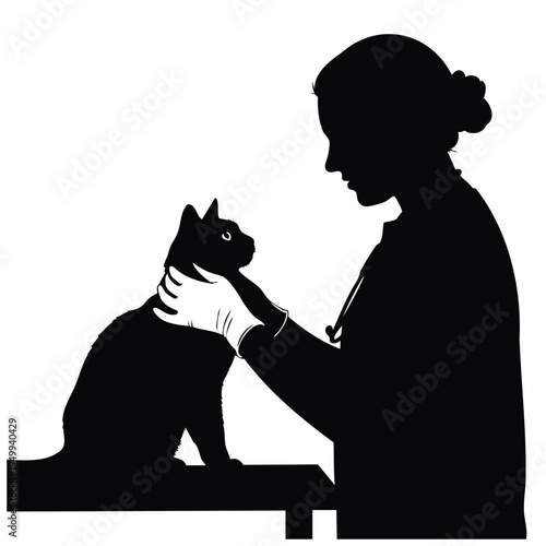 Veterinarian wearing gloves examining cat black silhouette illustration