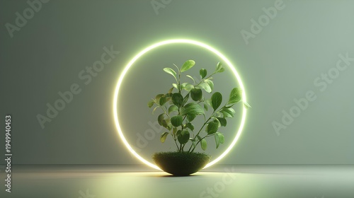 Ethereal Plant in Neon Embrace: A vibrant houseplant sits nestled in a minimalist pot, framed by a soft neon halo, creating a serene and modern composition.