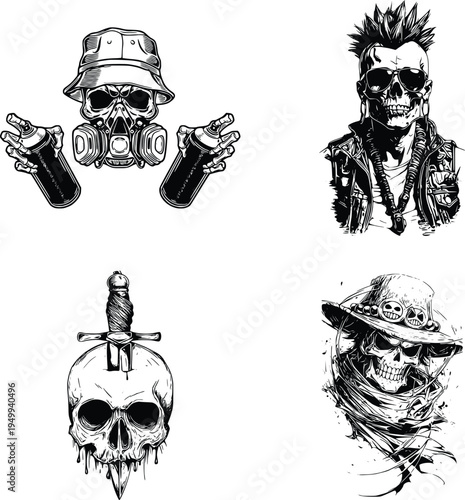 skull illustrations with various themes and accessories