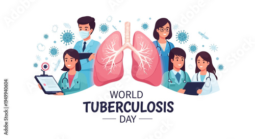 Illustration of diverse medical professionals with lungs and bacteria for World Tuberculosis Day awareness campaign against a clean white background.