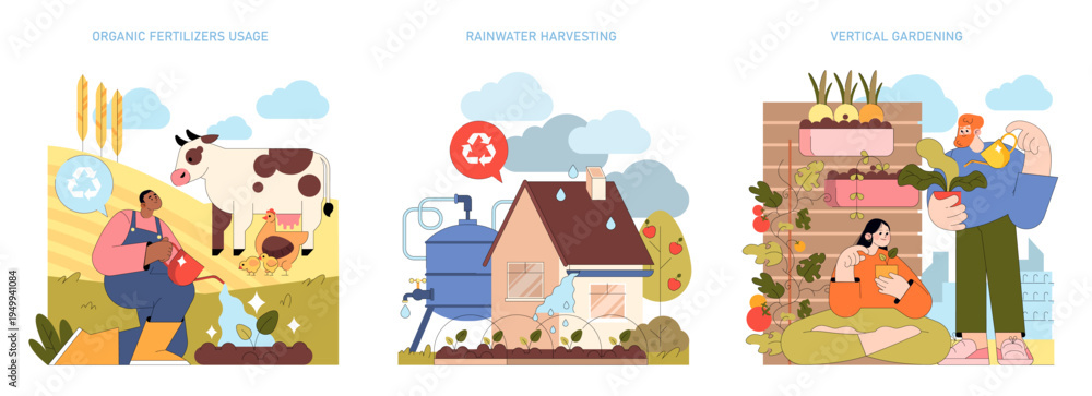 Fototapeta premium Sustainable Farming Practices Vector Illustration Set