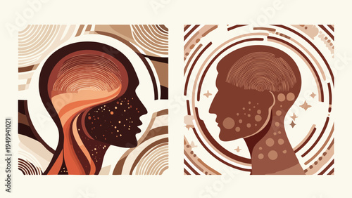 Abstract representations of human thought processes and consciousness, illustrated through a surreal and geometric style with warm earthy tones