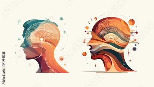 Conceptual illustration of diverse human minds, showcasing dynamic thought processes and emotional depth through vibrant, abstract patterns