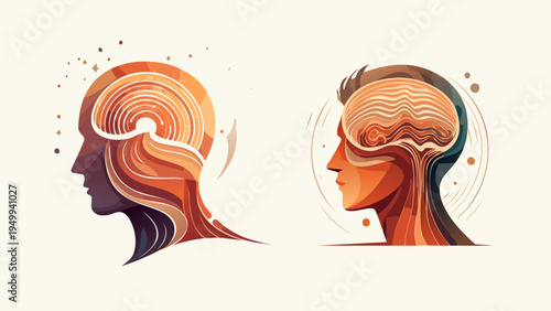 Abstract illustration of human heads with intricate, swirling brain patterns symbolizing thought, creativity, and intellect
