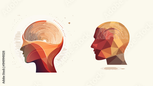 Abstract artistic representation of human profiles with geometric and textured designs symbolizing thought and consciousness