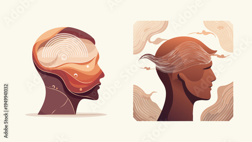 Abstract depiction of two human profiles showcasing fluid thought processes and abstract emotions, rendered in a warm, earthy color palette