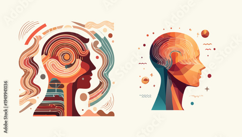 Abstract visualization of human minds, featuring organic patterns and geometric structures representing creative thought, intellect, and the complexity of consciousness