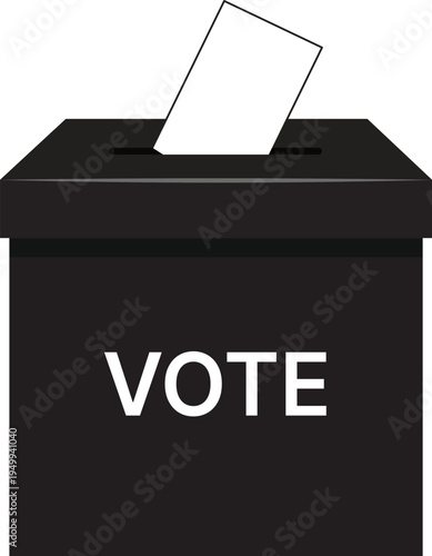 Black ballot box with white vote text and paper inserted into slot voting election democracy