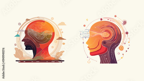 Abstract digital art featuring two human head profiles, symbolizing the intricate world of thought, cognitive processes, and the boundless potential of the human mind