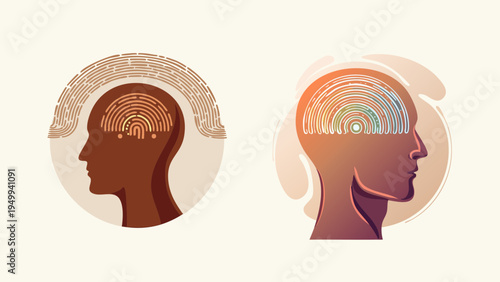 Stylized graphic illustration portraying the intricate mechanisms of human thought and data processing within the mind, symbolizing cognitive function, intelligence, and innovative ideas