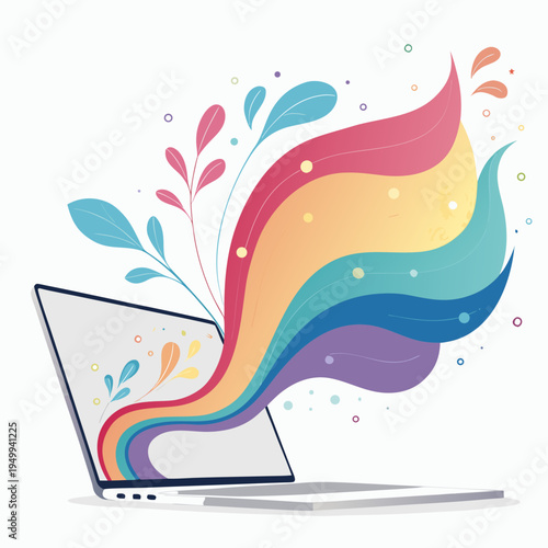 Creative laptop concept with vibrant colorful abstract shapes flowing outward representing digital imagination and artistic inspiration for modern graphic design