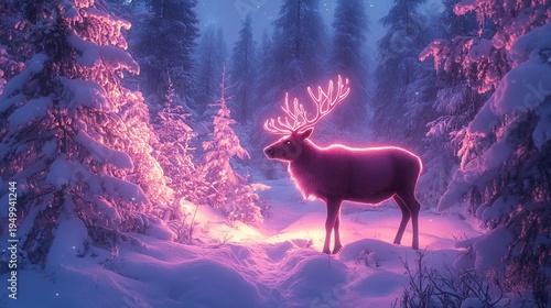 Wallpaper Mural Majestic reindeer with neon pink glow stands in snowy forest landscape with pine trees under soft purple lighting Torontodigital.ca