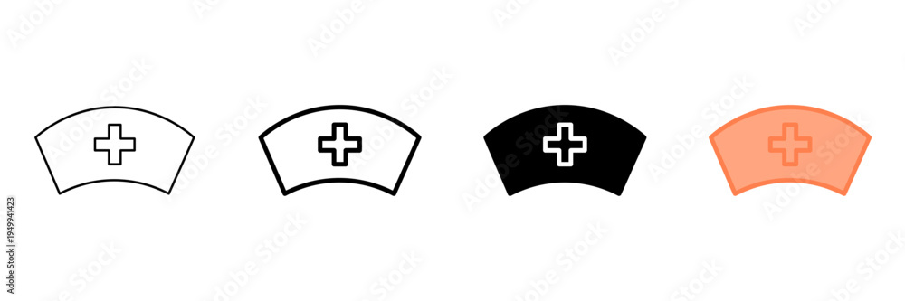 Obraz premium Set of minimalist nurse cap icons with transparent background, depicting medical hats with cross symbols for healthcare apps, hospital services, and nursing care, vector illustration